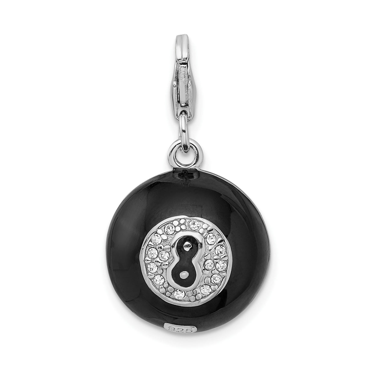 Sterling Silver 8-Ball Charm Pendant with Black Enamel and Crystal Accents