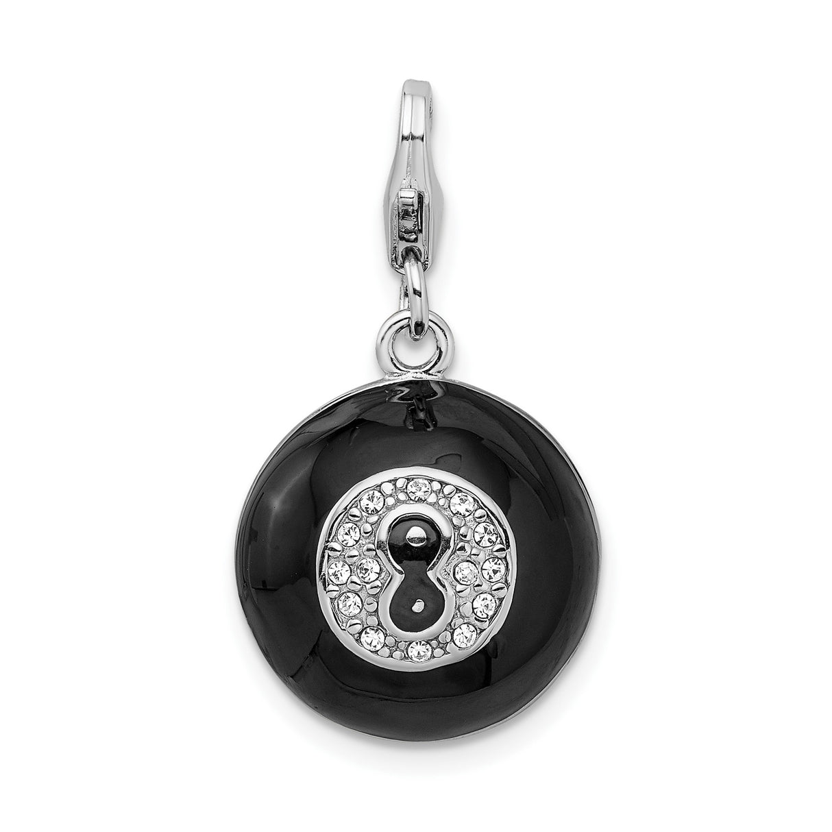Sterling Silver 8-Ball Charm Pendant with Black Enamel and Crystal Accents