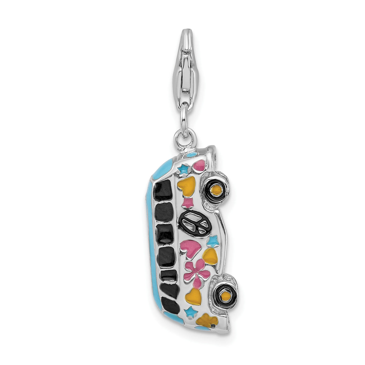 Sterling Silver Hippie Van Charm Pendant with Enamel Hearts, Flowers and Peace Signs