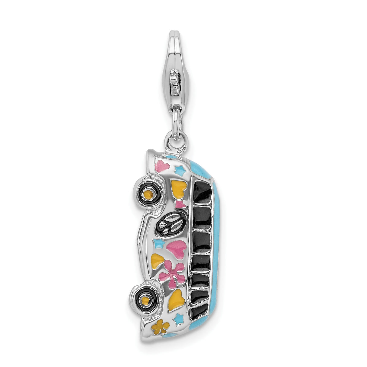 Sterling Silver Hippie Van Charm Pendant with Enamel Hearts, Flowers and Peace Signs