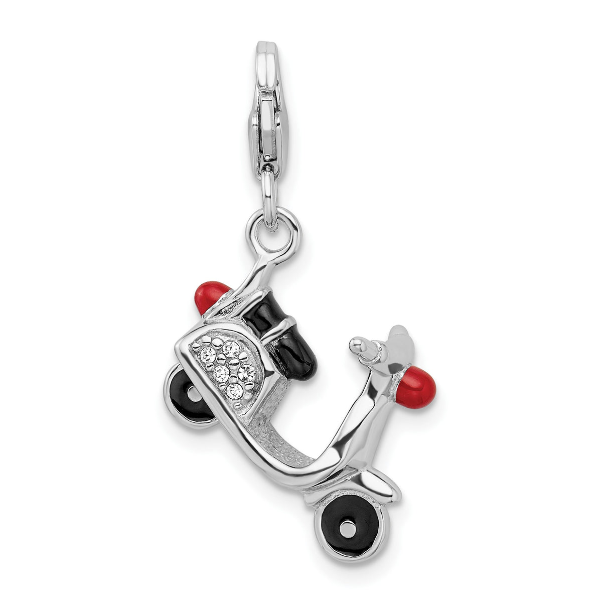 Sterling Silver Scooter Pendant Charm with Crystal Accents, Red and Black Enamel, Vespa Style