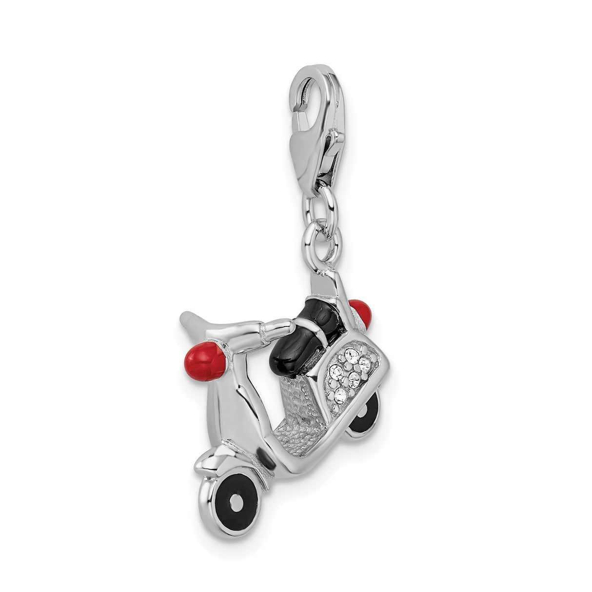 Sterling Silver Scooter Pendant Charm with Crystal Accents, Red and Black Enamel, Vespa Style