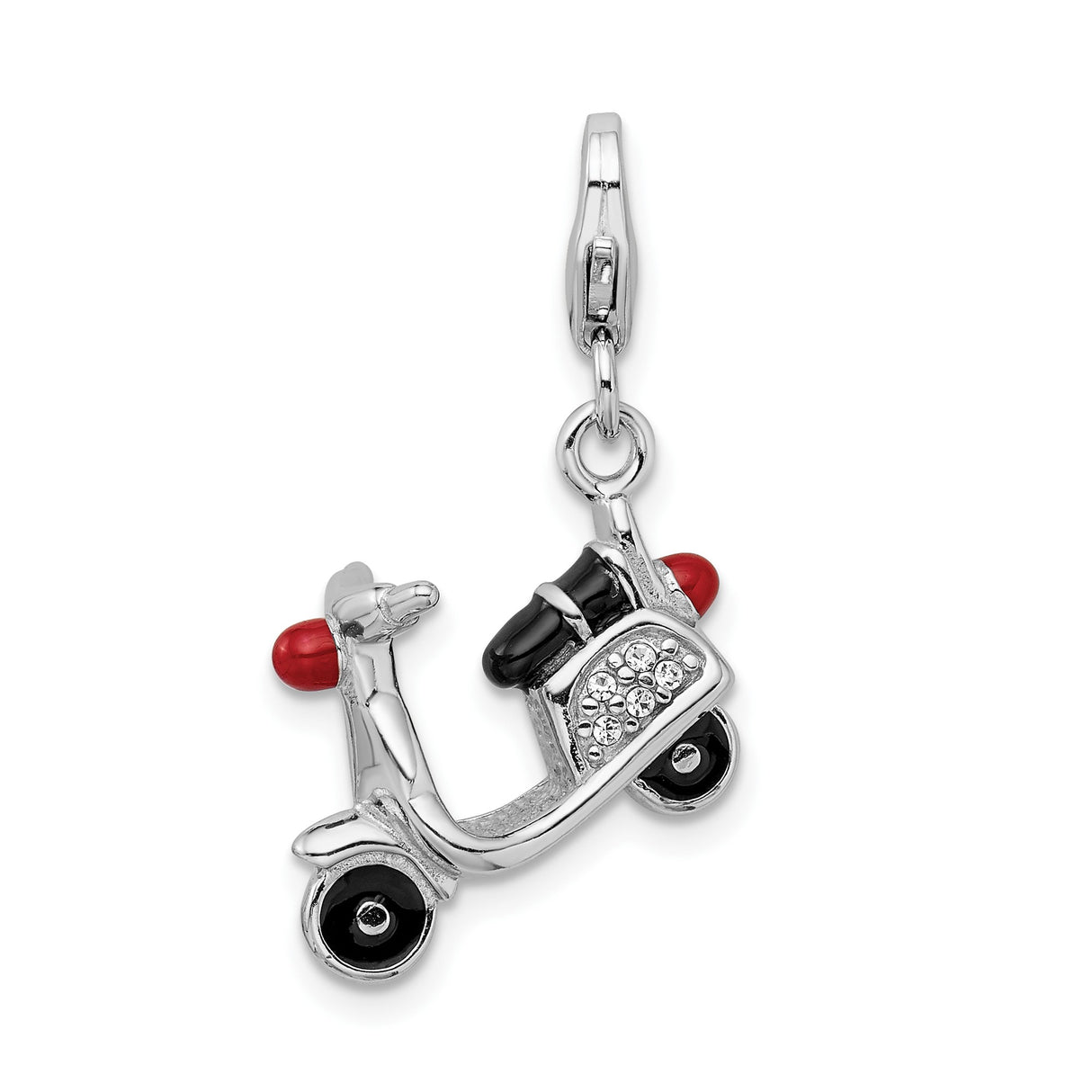 Sterling Silver Scooter Pendant Charm with Crystal Accents, Red and Black Enamel, Vespa Style