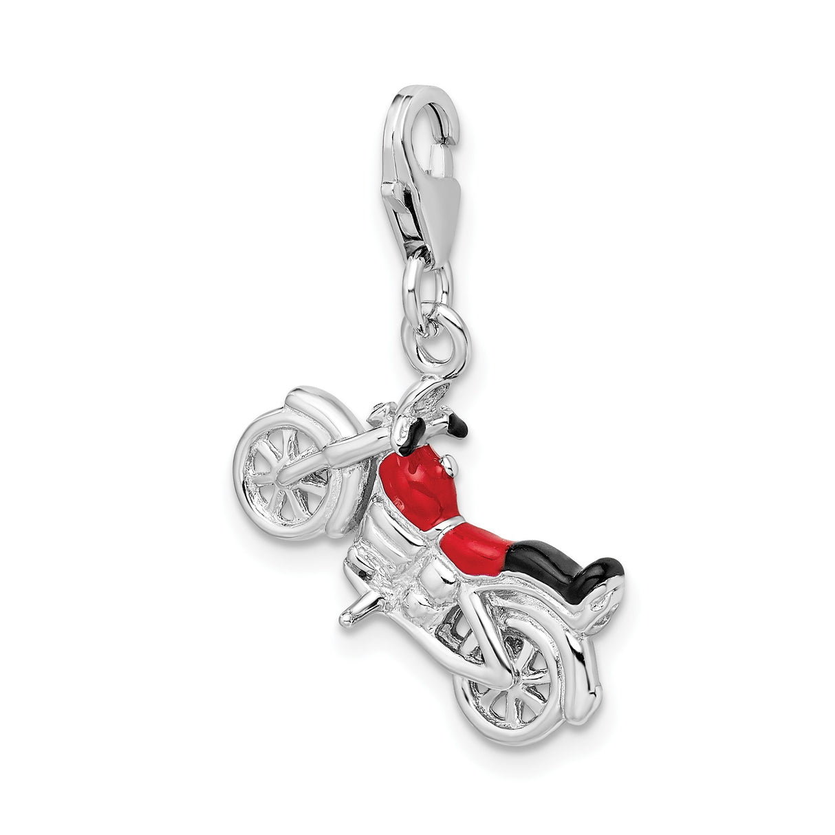 Sterling Silver Motorcycle Charm Pendant with Red and Black Enamel, 3D Biker Jewelry