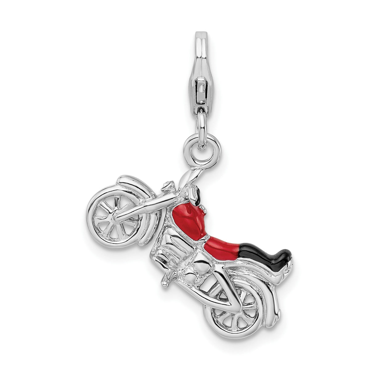 Sterling Silver Motorcycle Charm Pendant with Red and Black Enamel, 3D Biker Jewelry
