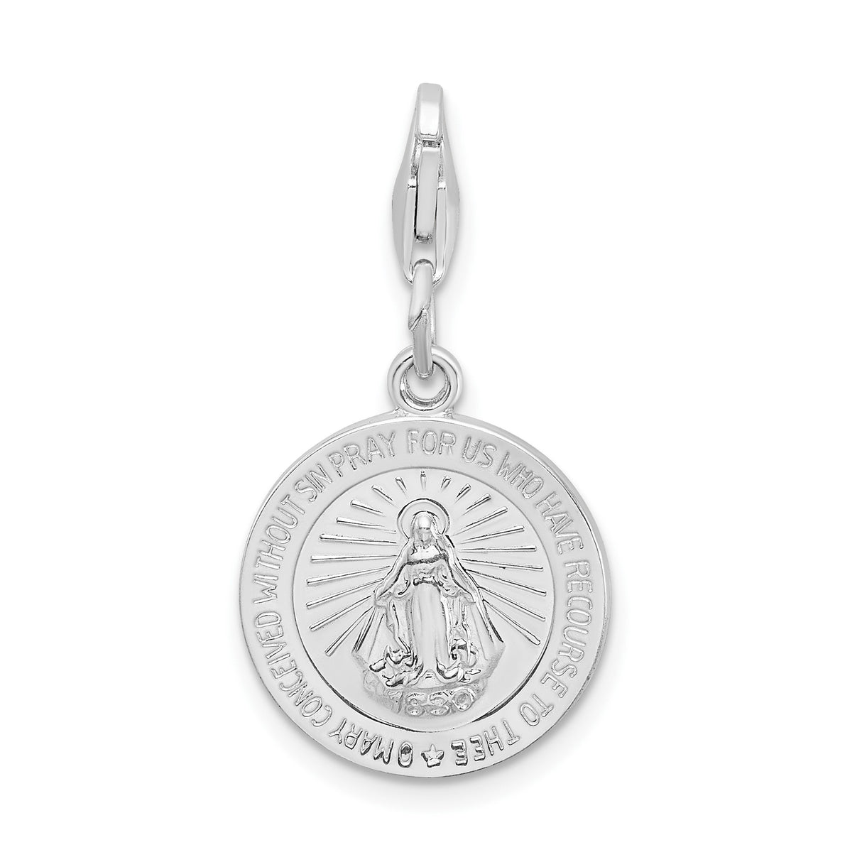 Sterling Silver Miraculous Medal Pendant with Virgin Mary Inscription, Catholic Religious Charm