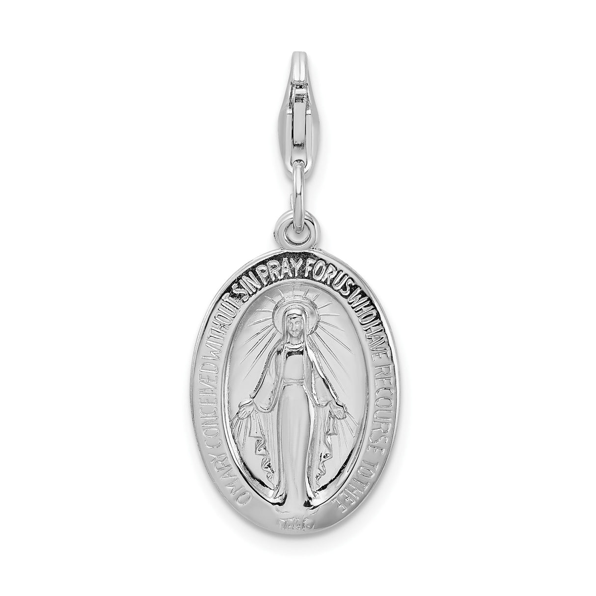 Sterling Silver Miraculous Medal Pendant with Virgin Mary Inscription, Catholic Charm