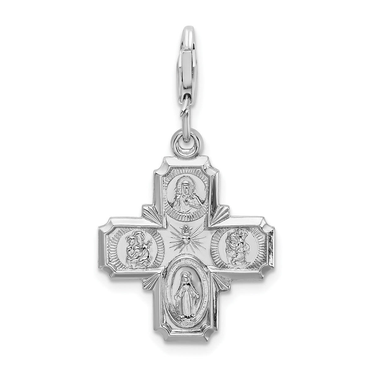 Sterling Silver Four-Way Cross Pendant with Sacred Heart, St. Christopher, St. Joseph, Miraculous Medal