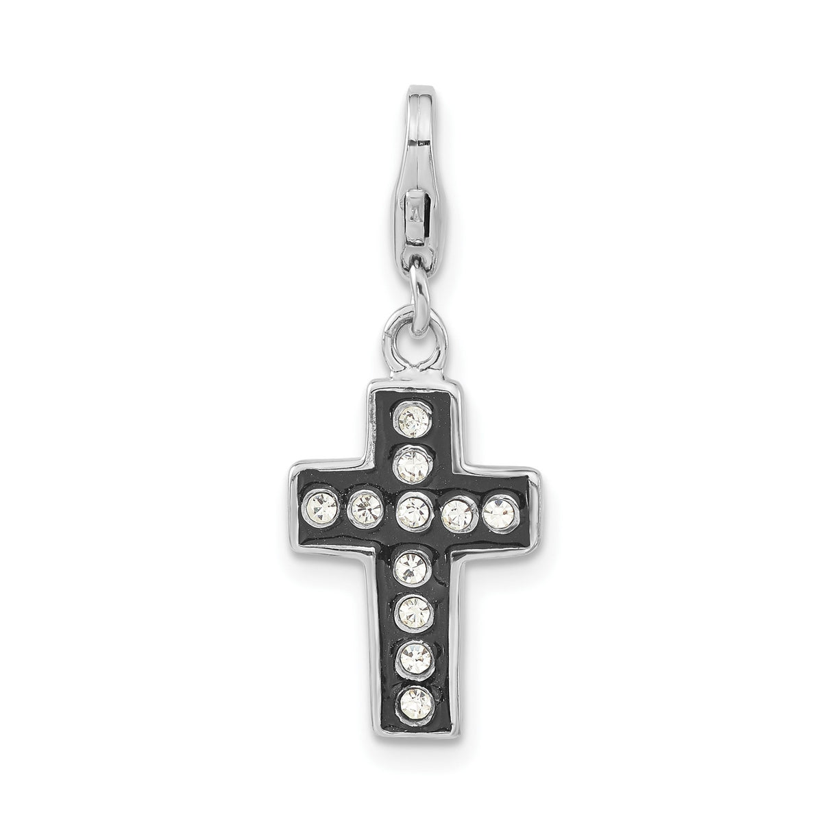 Sterling Silver Cross Pendant with Crystal, Black Enamel, and Lobster Clasp