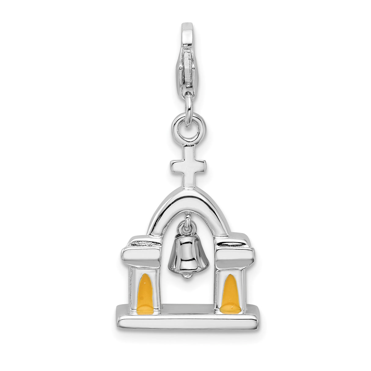 Sterling Silver Church Charm Pendant with Cross, Moveable Bell, and Gold-Tone Windows