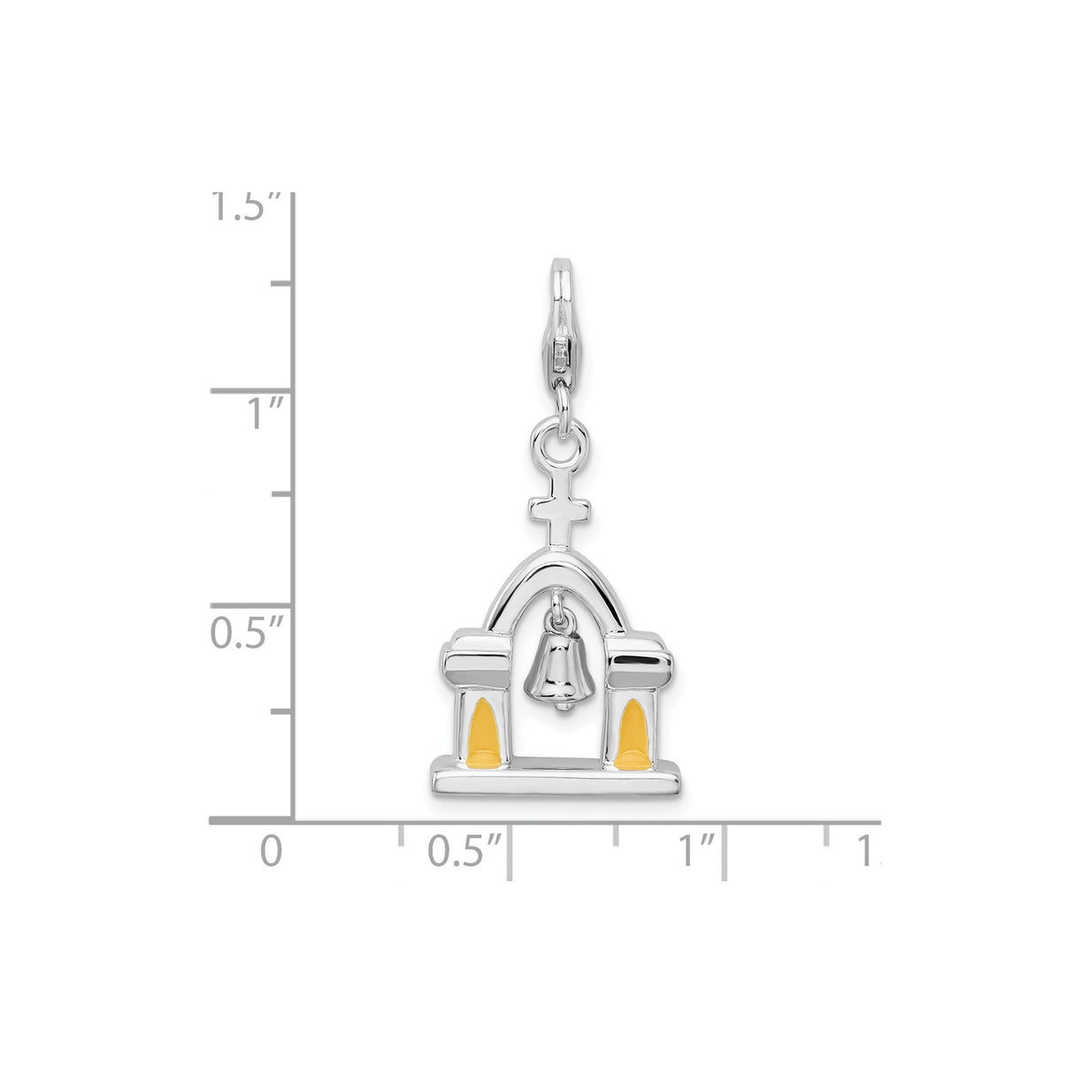 Sterling Silver Church Charm Pendant with Cross, Moveable Bell, and Gold-Tone Windows