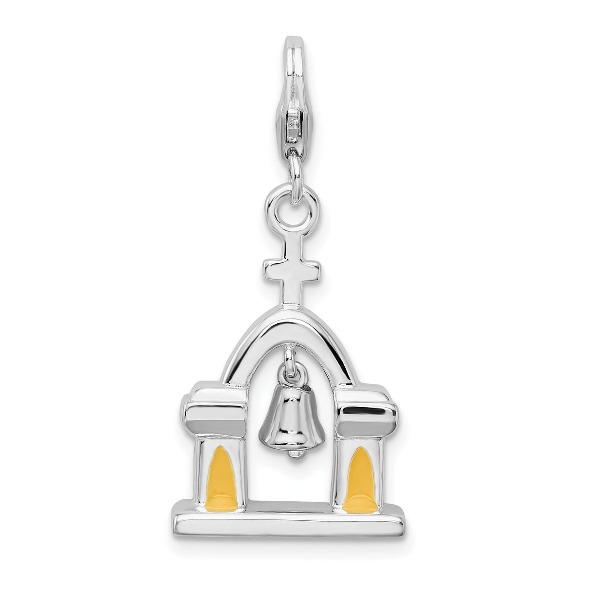 Sterling Silver Church Charm Pendant with Cross, Moveable Bell, and Gold-Tone Windows