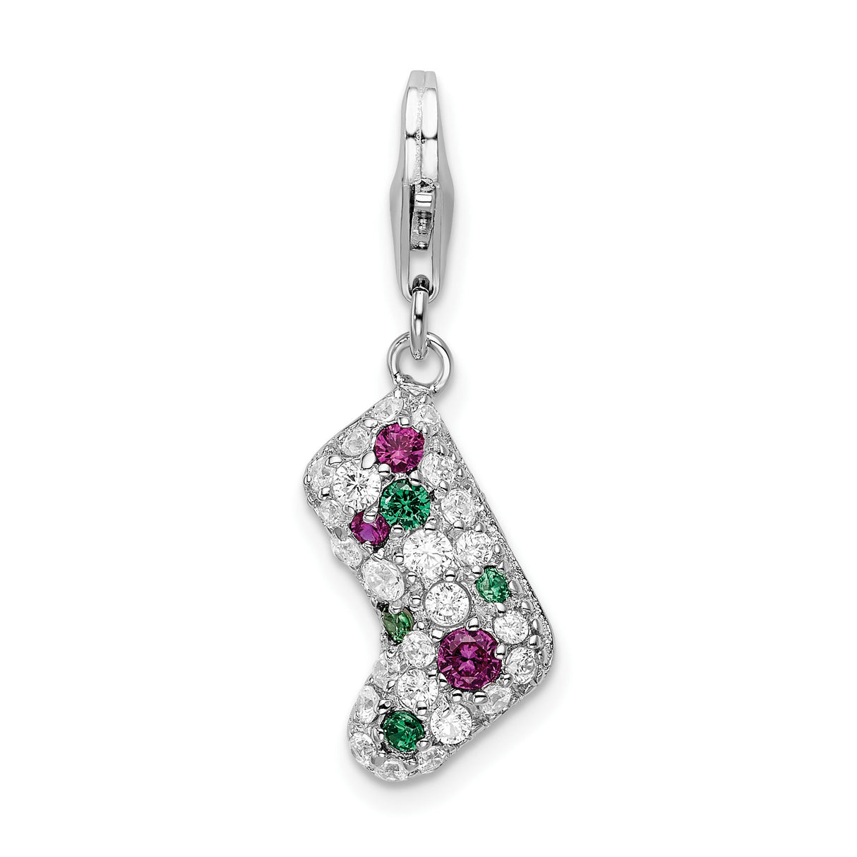 Sterling Silver Christmas Stocking Charm Pendant with Cubic Zirconia Accents