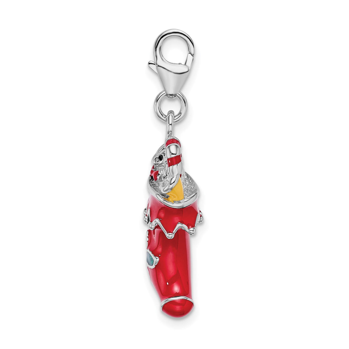 Sterling Silver Christmas Stocking Charm with Red Enamel, Teddy Bear, Candy Cane, and Holly Leaves