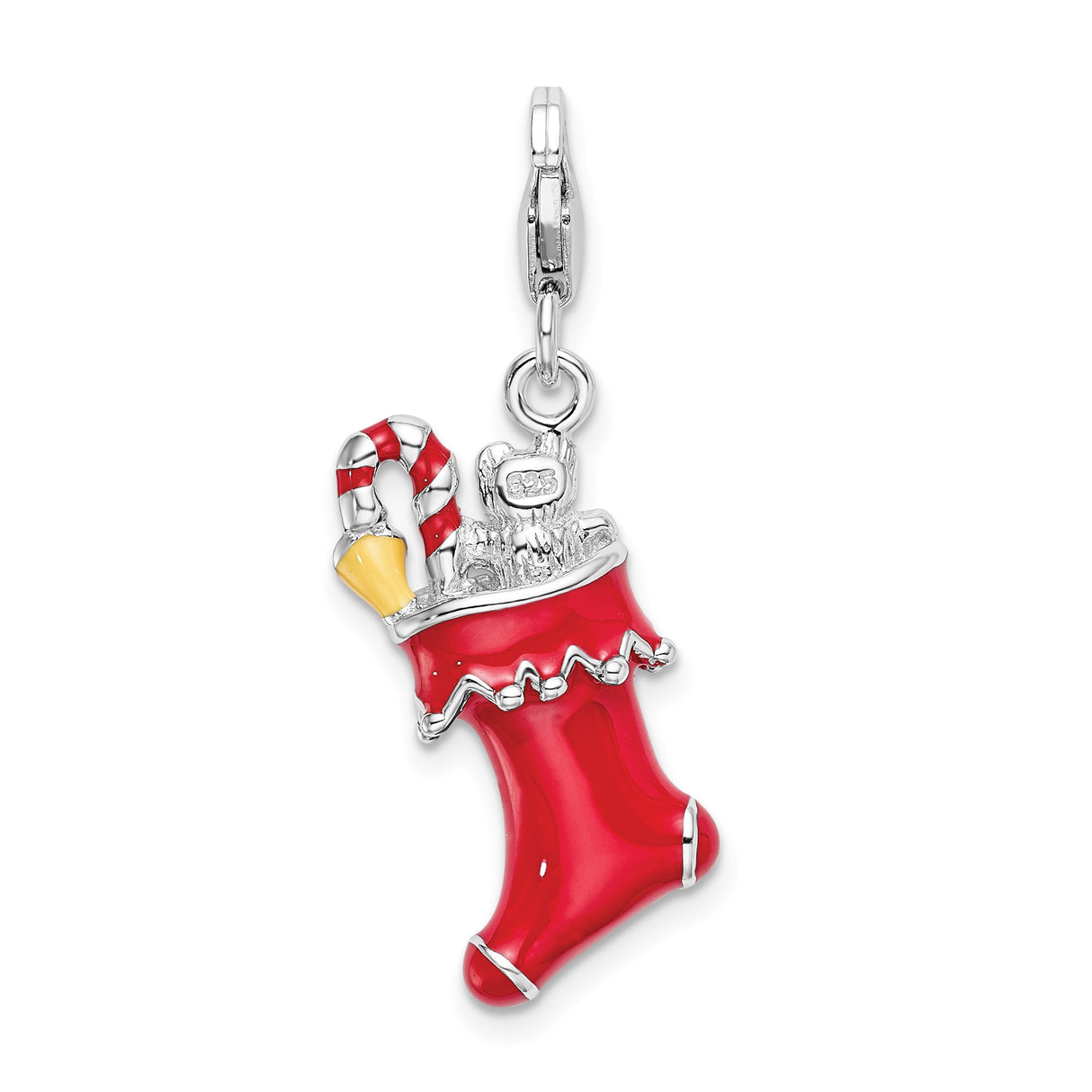 Sterling Silver Christmas Stocking Charm with Red Enamel, Teddy Bear, Candy Cane, and Holly Leaves