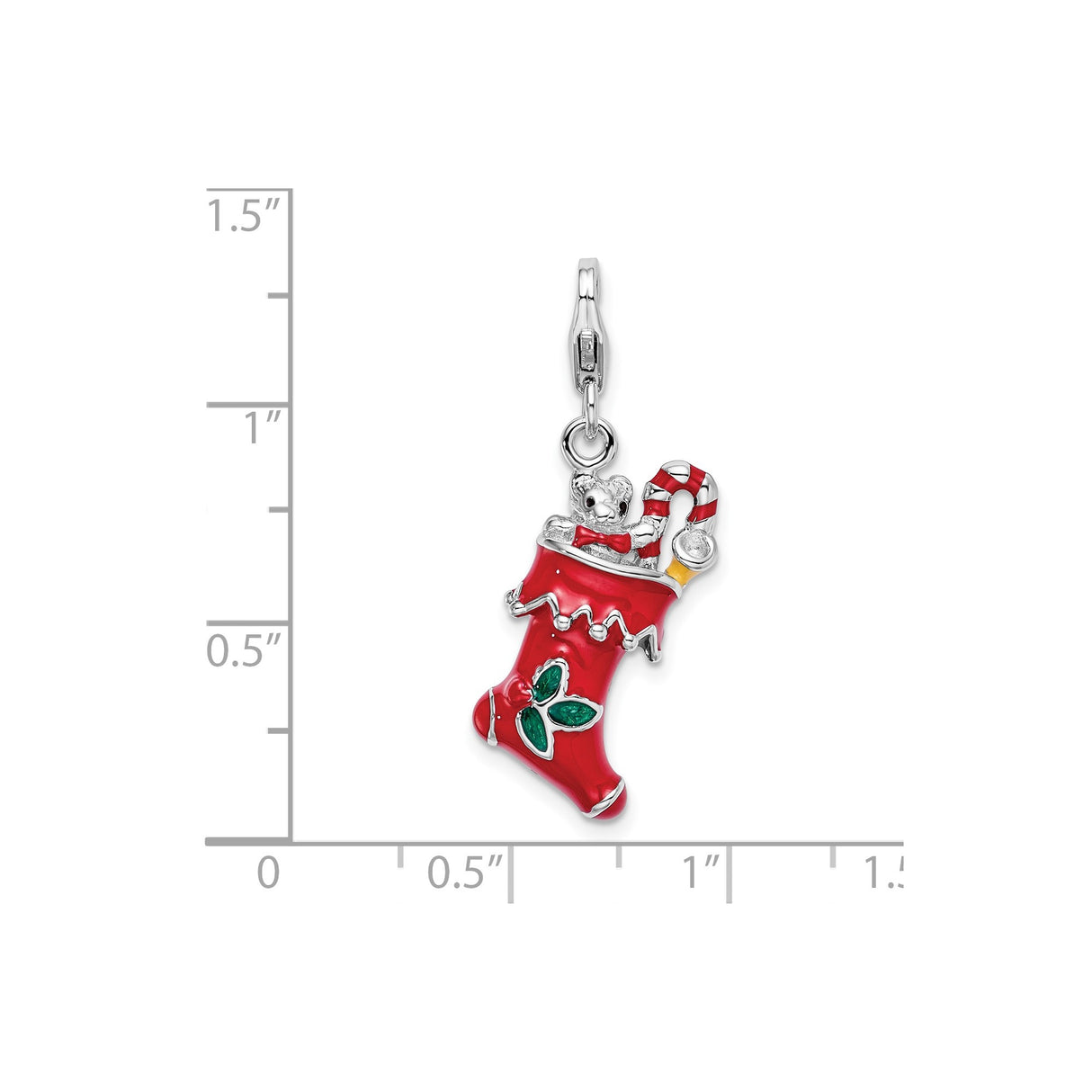 Sterling Silver Christmas Stocking Charm with Red Enamel, Teddy Bear, Candy Cane, and Holly Leaves