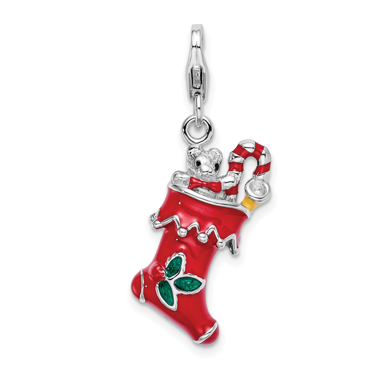 Sterling Silver Christmas Stocking Charm with Red Enamel, Teddy Bear, Candy Cane, and Holly Leaves