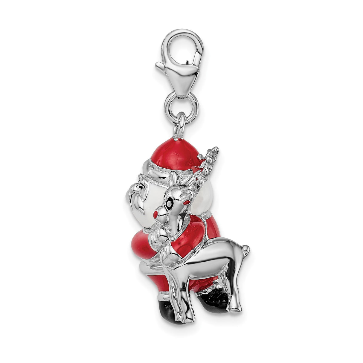 Sterling Silver Charm, Enamel Santa Hugging Reindeer, 3D Holiday Pendant