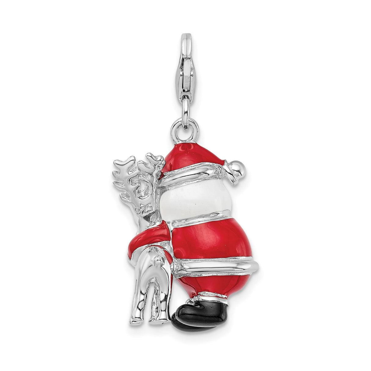 Sterling Silver Charm, Enamel Santa Hugging Reindeer, 3D Holiday Pendant