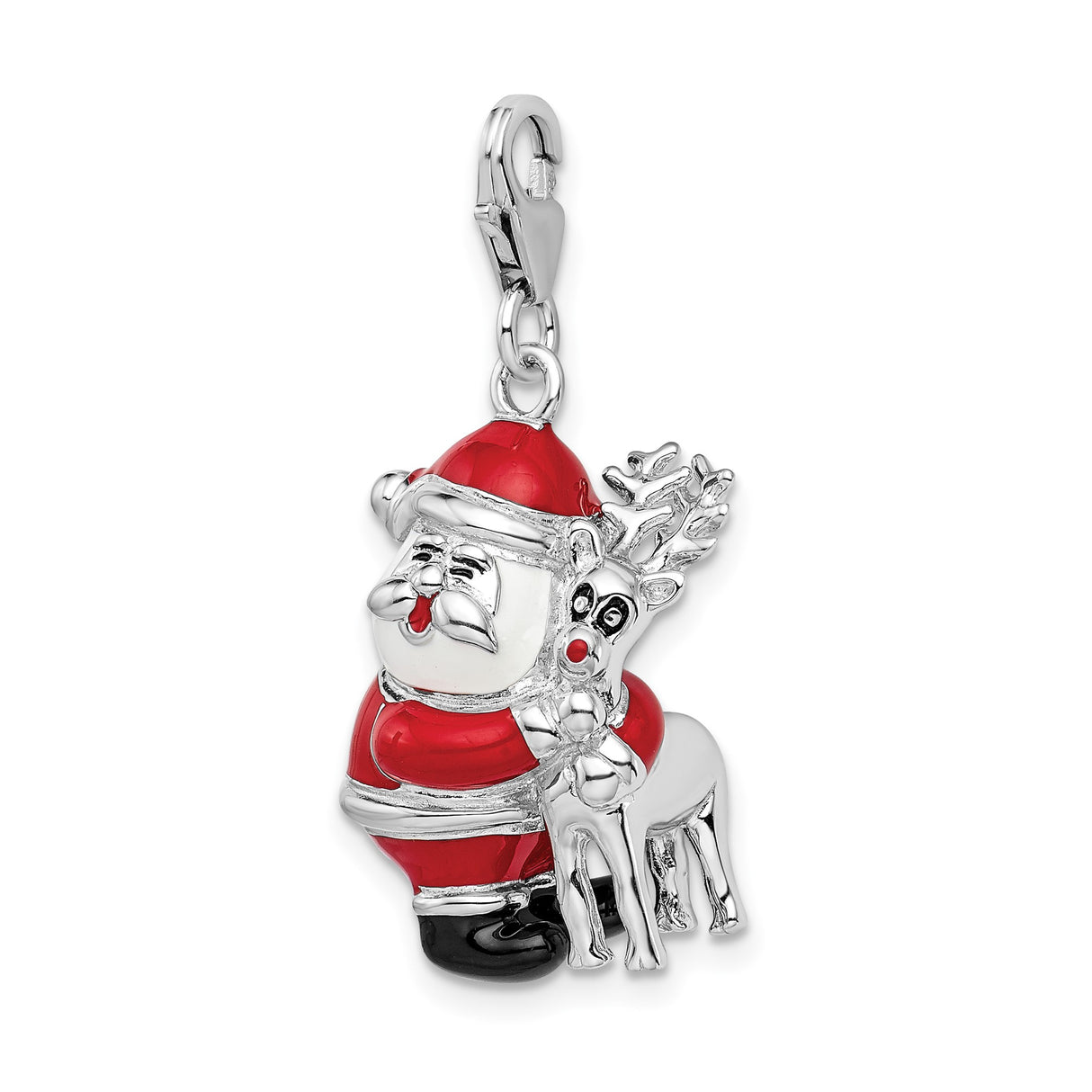 Sterling Silver Charm, Enamel Santa Hugging Reindeer, 3D Holiday Pendant