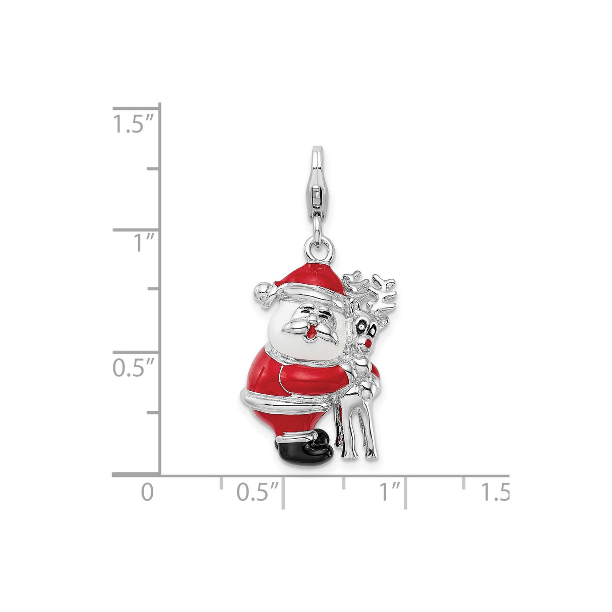 Sterling Silver Charm, Enamel Santa Hugging Reindeer, 3D Holiday Pendant