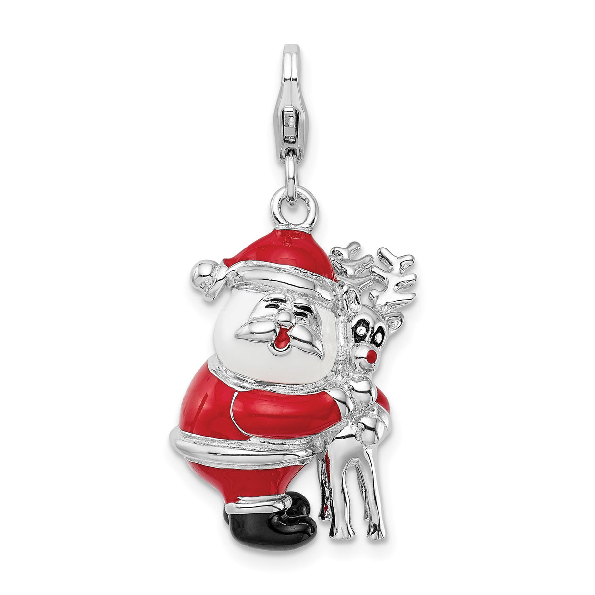 Sterling Silver Charm, Enamel Santa Hugging Reindeer, 3D Holiday Pendant