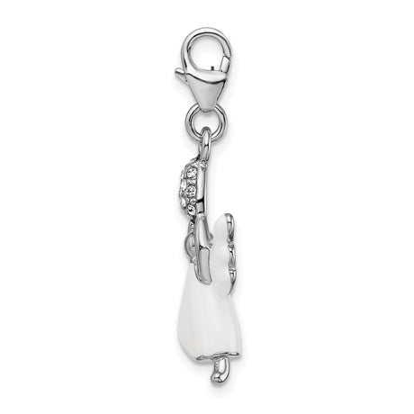 Sterling Silver Angel Pendant with Crystal Heart and White Enamel Dress, Religious Charm