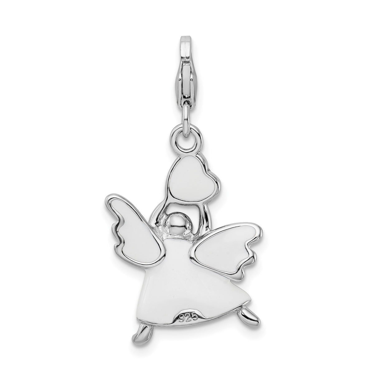 Sterling Silver Angel Pendant with Crystal Heart and White Enamel Dress, Religious Charm