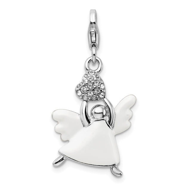 Sterling Silver Angel Pendant with Crystal Heart and White Enamel Dress, Religious Charm