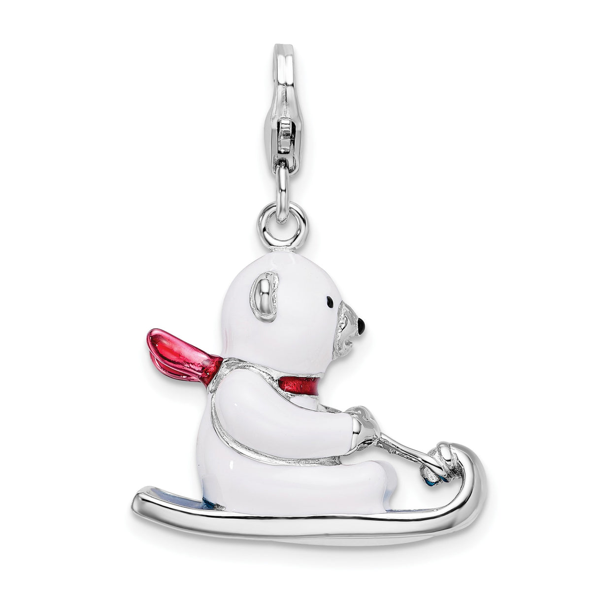 Sterling Silver Charm, Polar Bear on Sled with Red Scarf, Christmas Holiday Theme