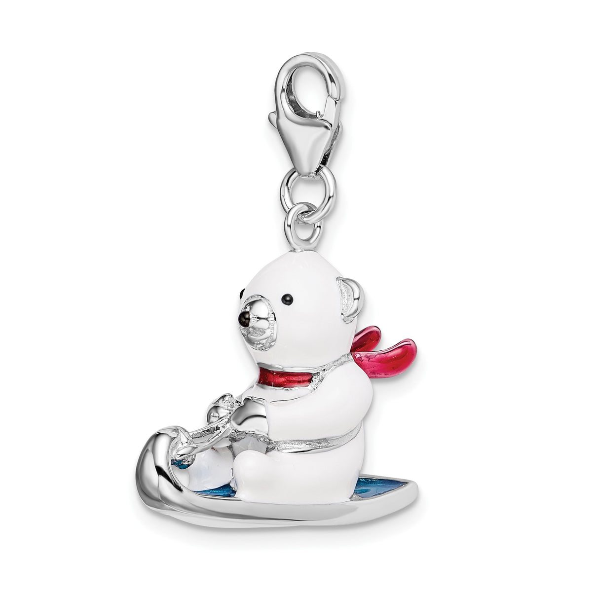 Sterling Silver Charm, Polar Bear on Sled with Red Scarf, Christmas Holiday Theme
