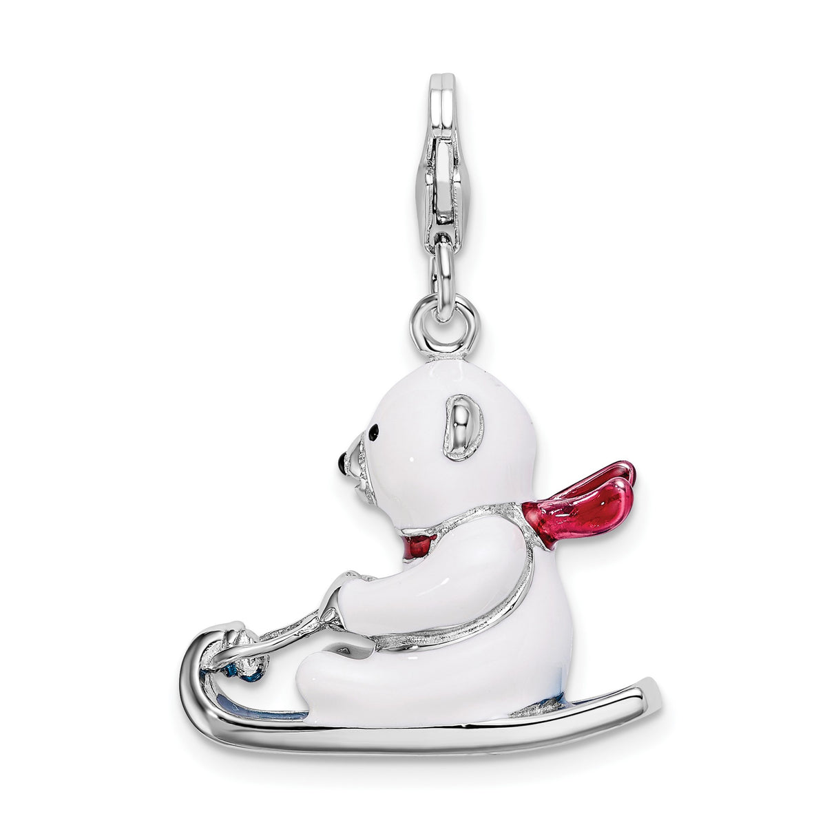 Sterling Silver Charm, Polar Bear on Sled with Red Scarf, Christmas Holiday Theme