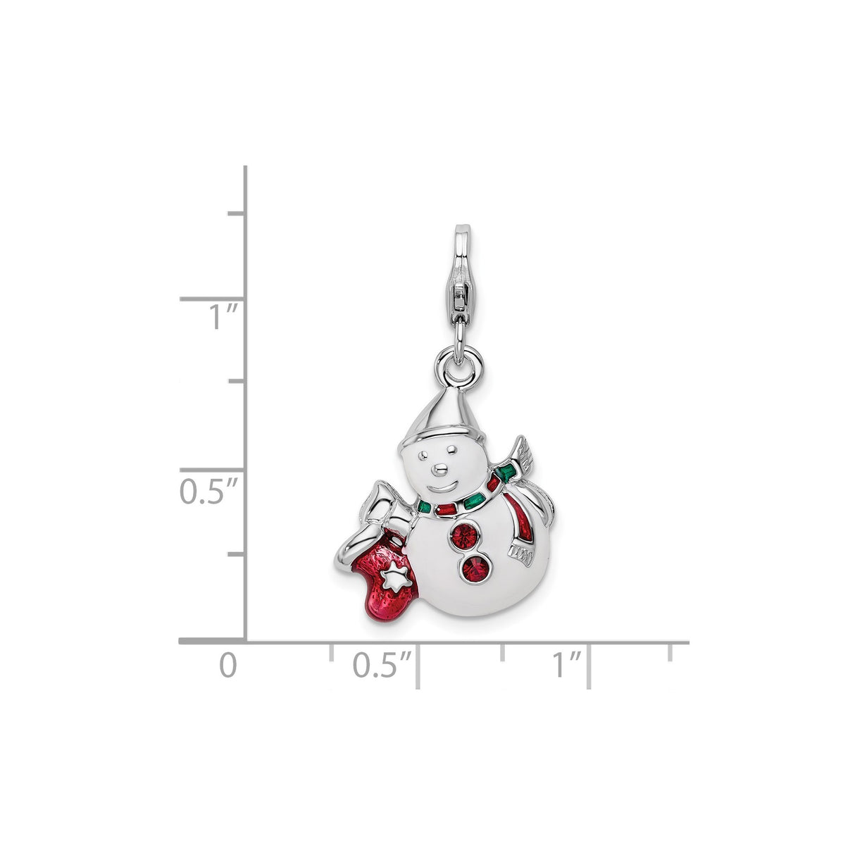 Sterling Silver Snowman Charm Pendant with Crystal, Red and Green Enamel, Holiday Theme
