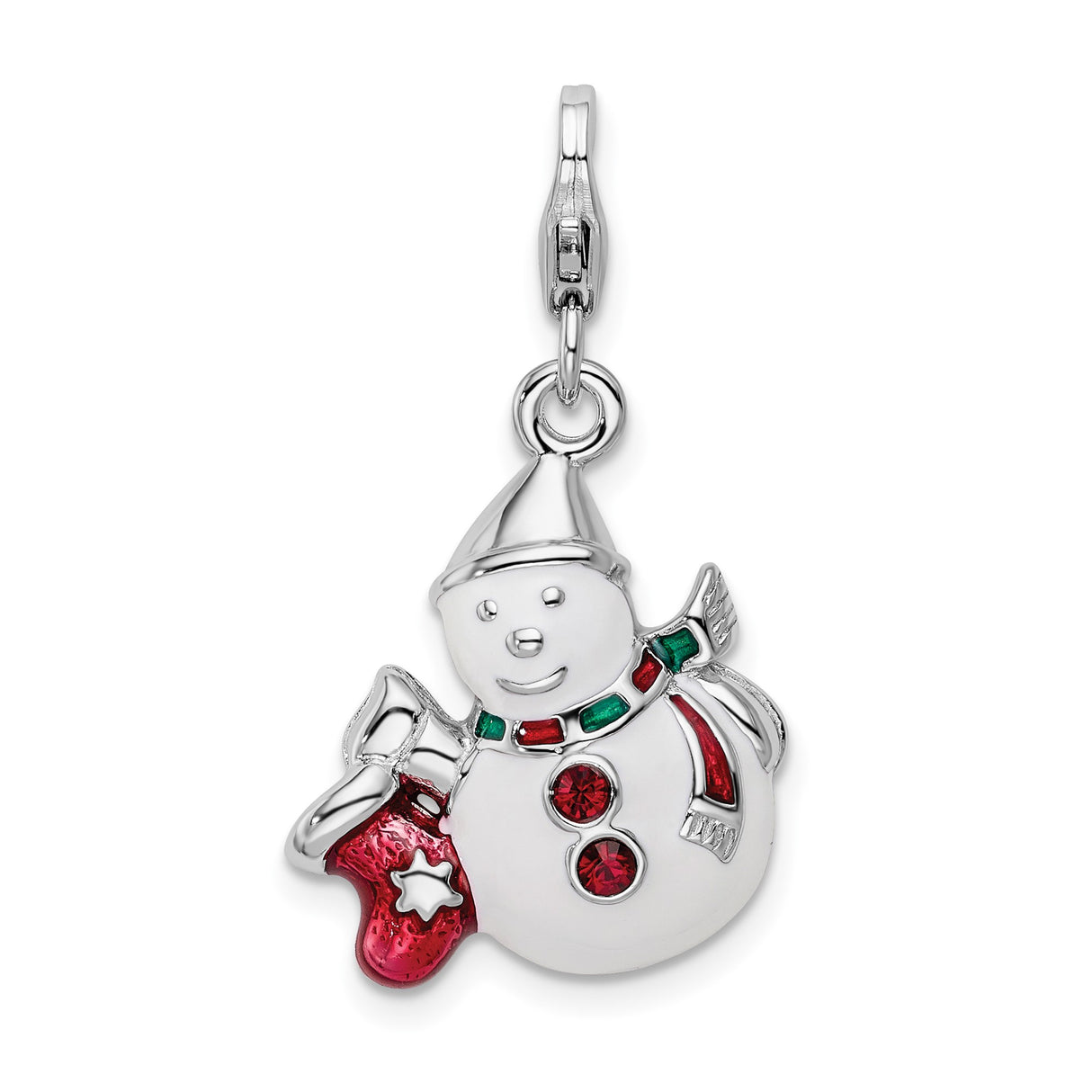 Sterling Silver Snowman Charm Pendant with Crystal, Red and Green Enamel, Holiday Theme