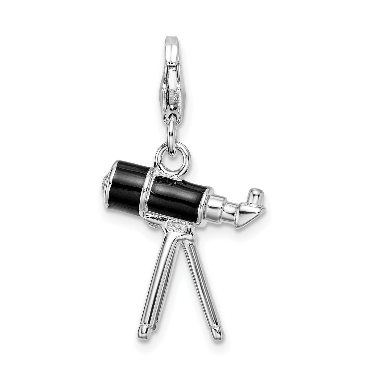 Sterling Silver Telescope Pendant Charm with Crystal, Tripod Design, Astronomy Theme