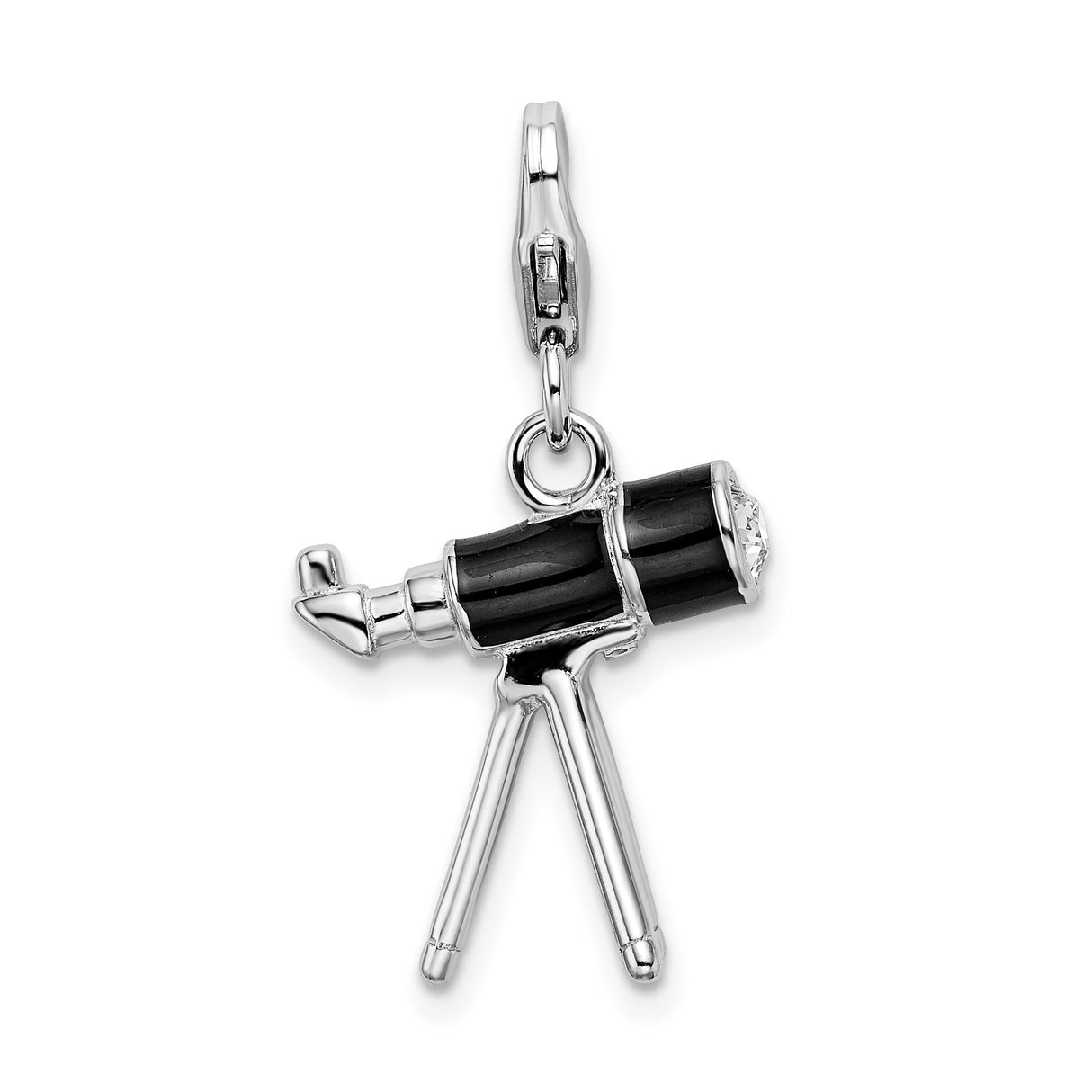 Sterling Silver Telescope Pendant Charm with Crystal, Tripod Design, Astronomy Theme