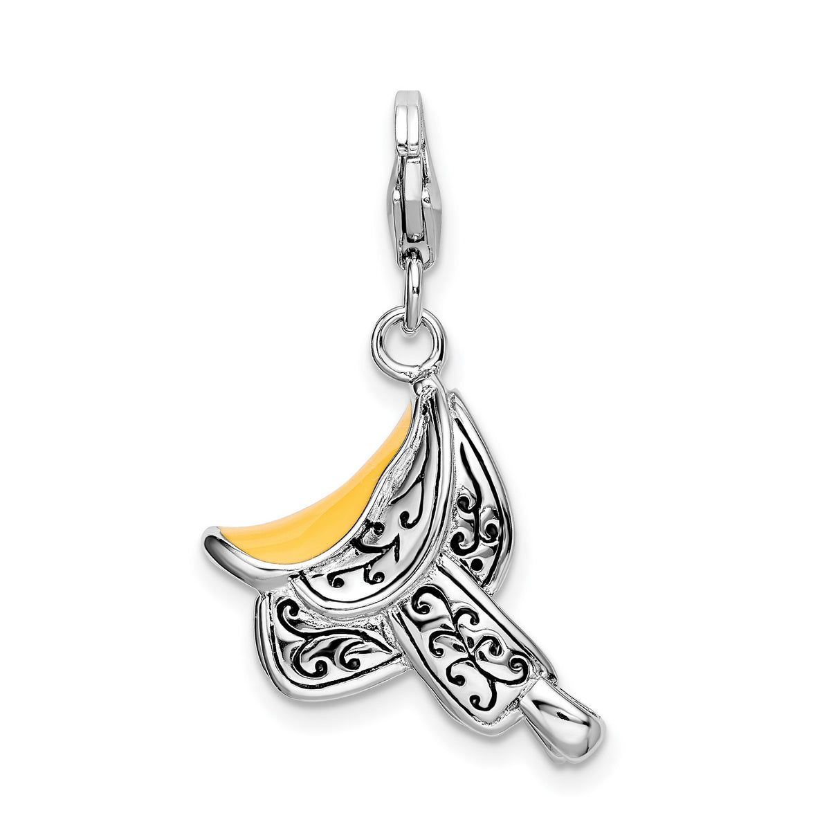 Sterling Silver Saddle Pendant with Scroll Detailing and Yellow Enamel, Western Equestrian Theme