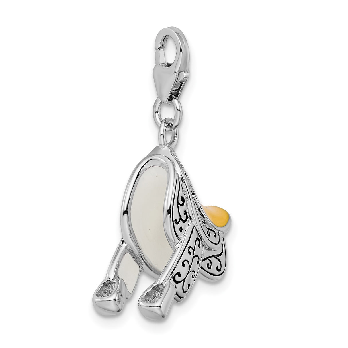 Sterling Silver Saddle Pendant with Scroll Detailing and Yellow Enamel, Western Equestrian Theme