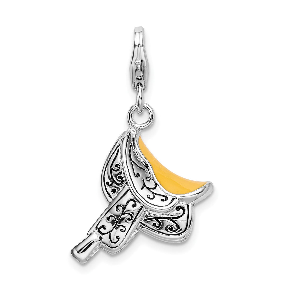 Sterling Silver Saddle Pendant with Scroll Detailing and Yellow Enamel, Western Equestrian Theme