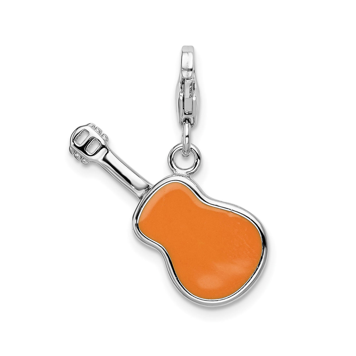 Sterling Silver Guitar Pendant with Orange Enamel, Clip On Music Charm
