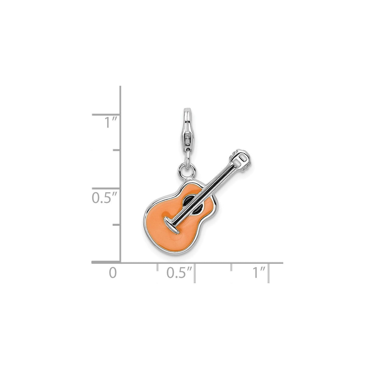 Sterling Silver Guitar Pendant with Orange Enamel, Clip On Music Charm