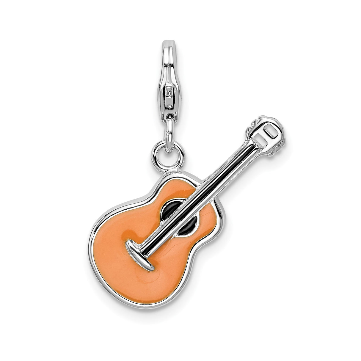 Sterling Silver Guitar Pendant with Orange Enamel, Clip On Music Charm