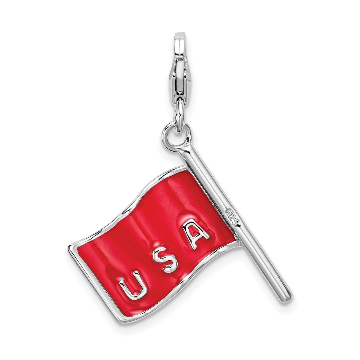 Sterling Silver American Flag Pendant, Red White Blue Enamel Waving Flag Charm, Patriotic Jewelry