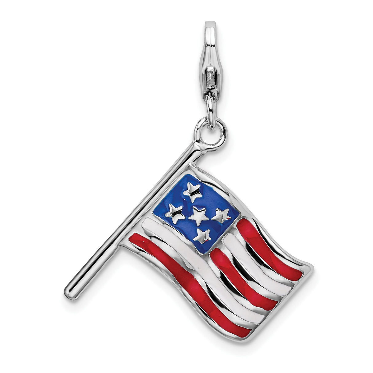 Sterling Silver American Flag Pendant, Red White Blue Enamel Waving Flag Charm, Patriotic Jewelry