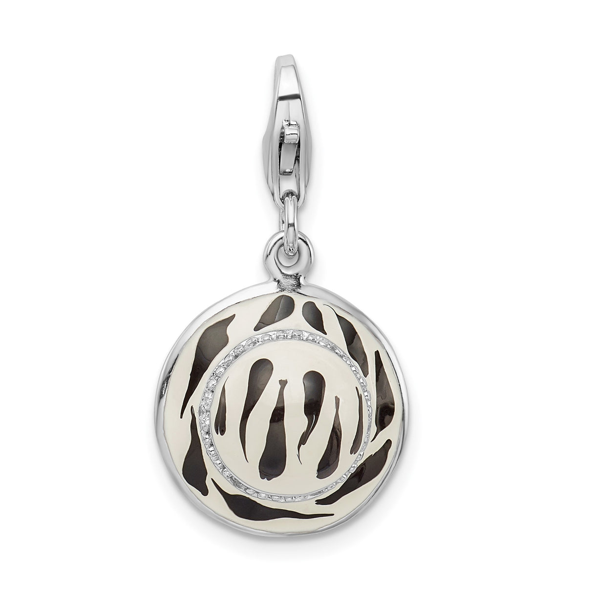 Sterling Silver Zebra Print Charm Pendant with Cubic Zirconia and Enamel Design