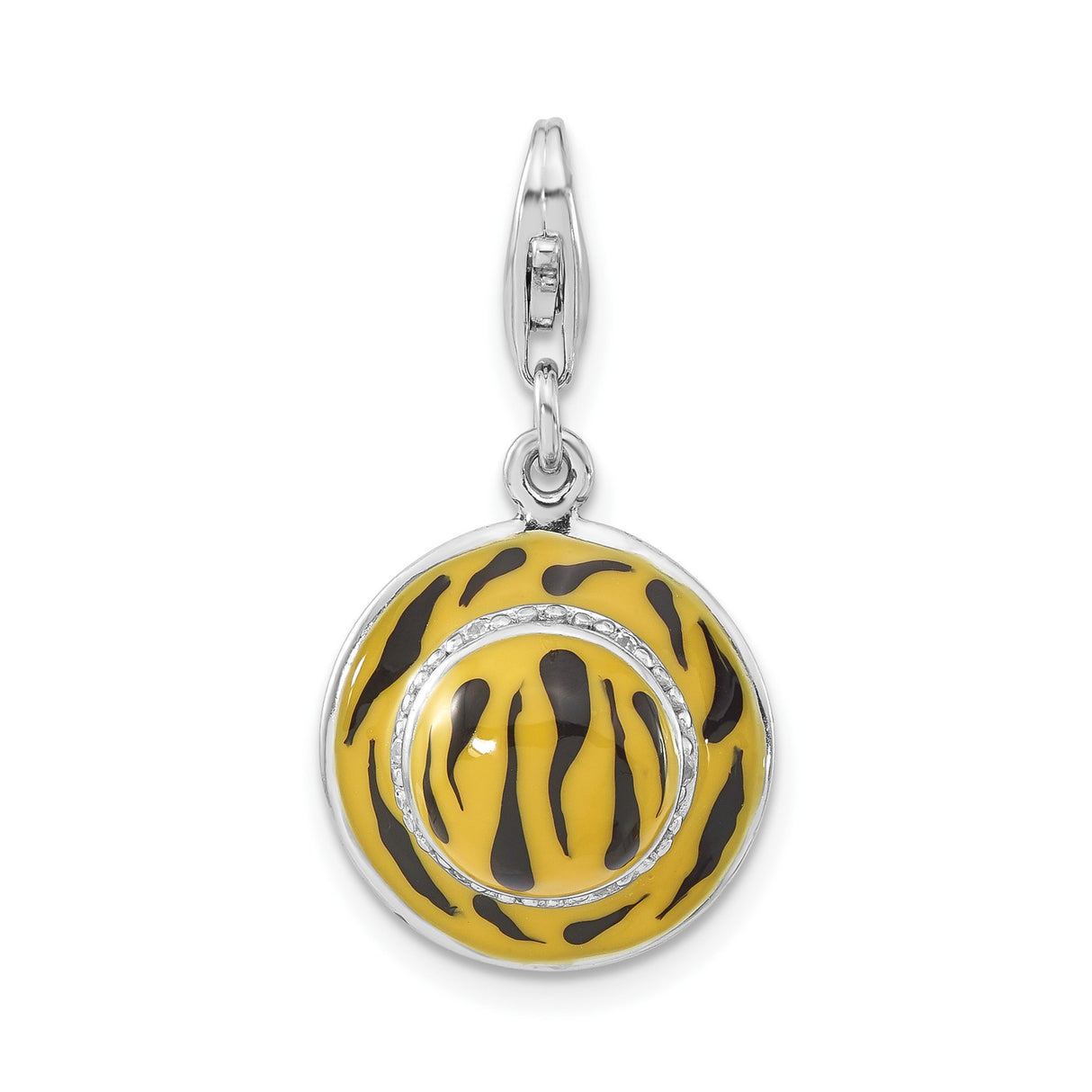 Sterling Silver Tiger Pendant with Cubic Zirconia, Black and Yellow Enamel Stripes, Animal Charm