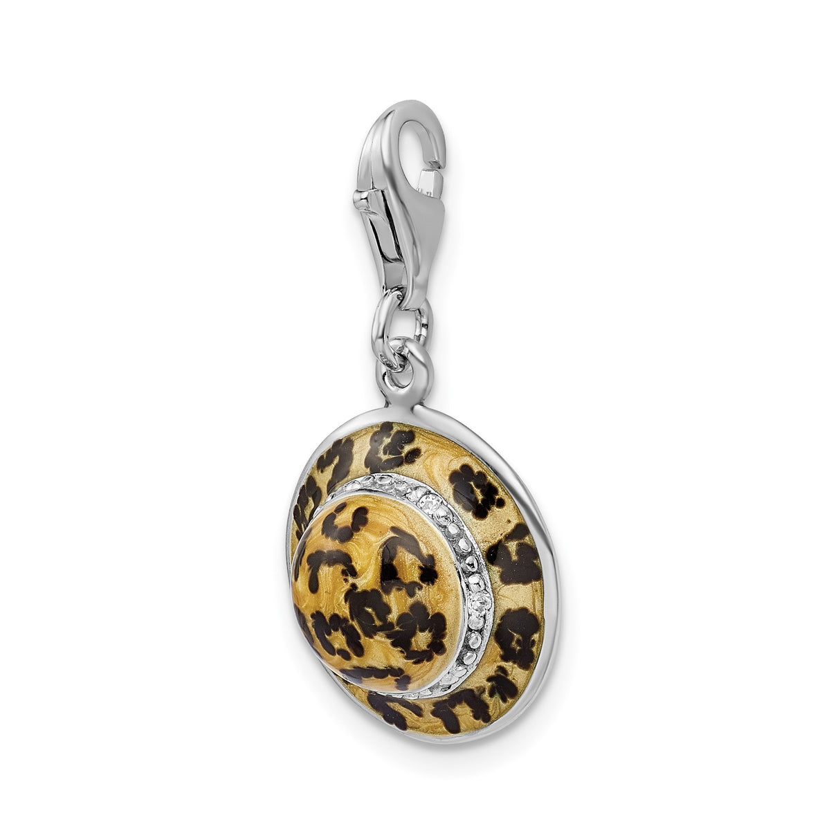 Sterling Silver Leopard Enamel Pendant with Cubic Zirconia, Circular Animal Print Design
