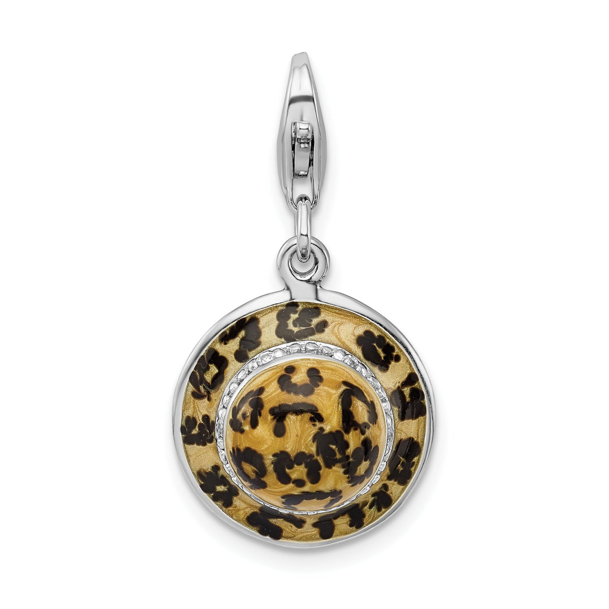 Sterling Silver Leopard Enamel Pendant with Cubic Zirconia, Circular Animal Print Design