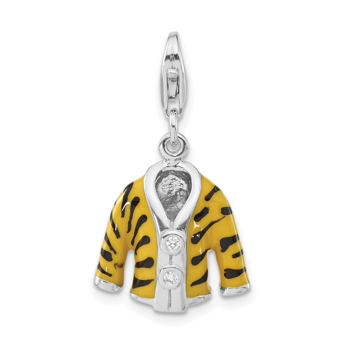 Sterling Silver Tiger Stripe Charm Pendant with Cubic Zirconia and Enamel Detailing