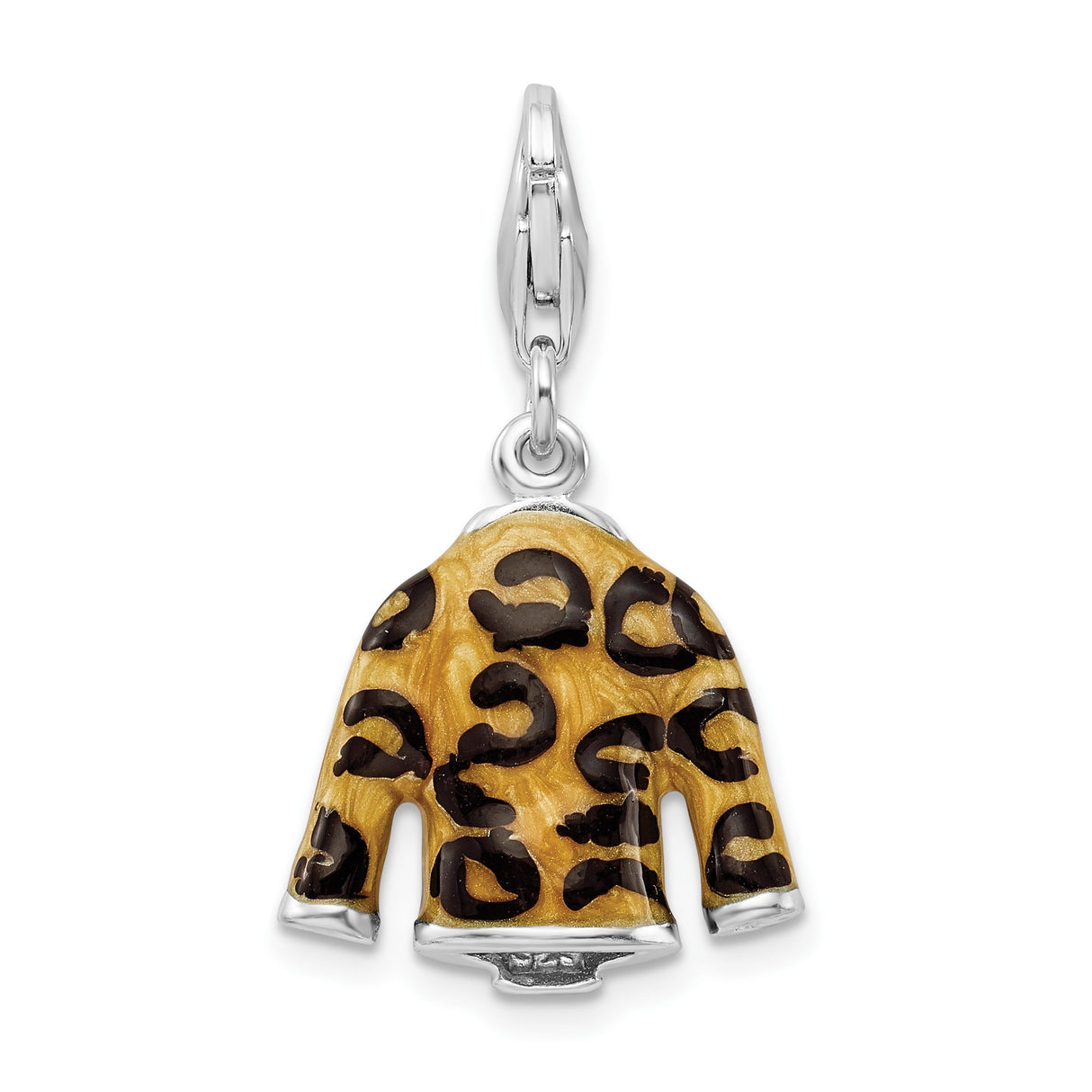Sterling Silver Jacket Charm Pendant with Cubic Zirconia, Leopard Print and Gold Enamel Accents